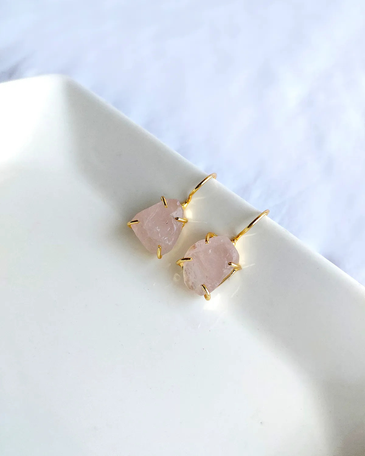 Raw rose quartz gold hook earrings
