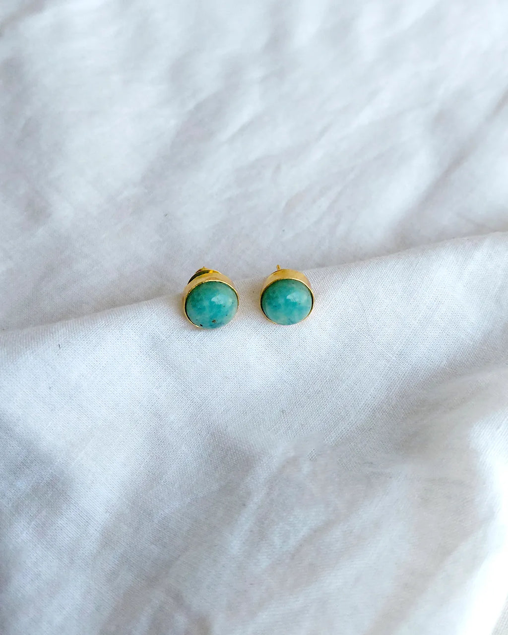 Turquoise blue round gold stud earrings by Solmist Muse – view 4