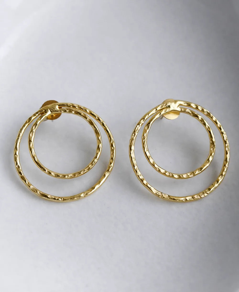 Hammered double hoop 18K gold plated statement earrings