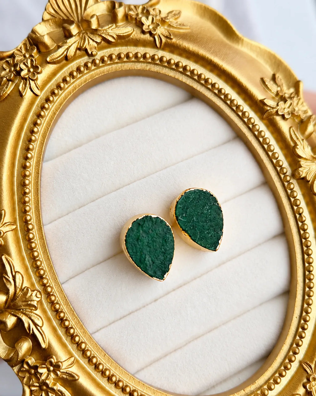 Emerald Green Raw Stone Gold Plated Stud Earrings