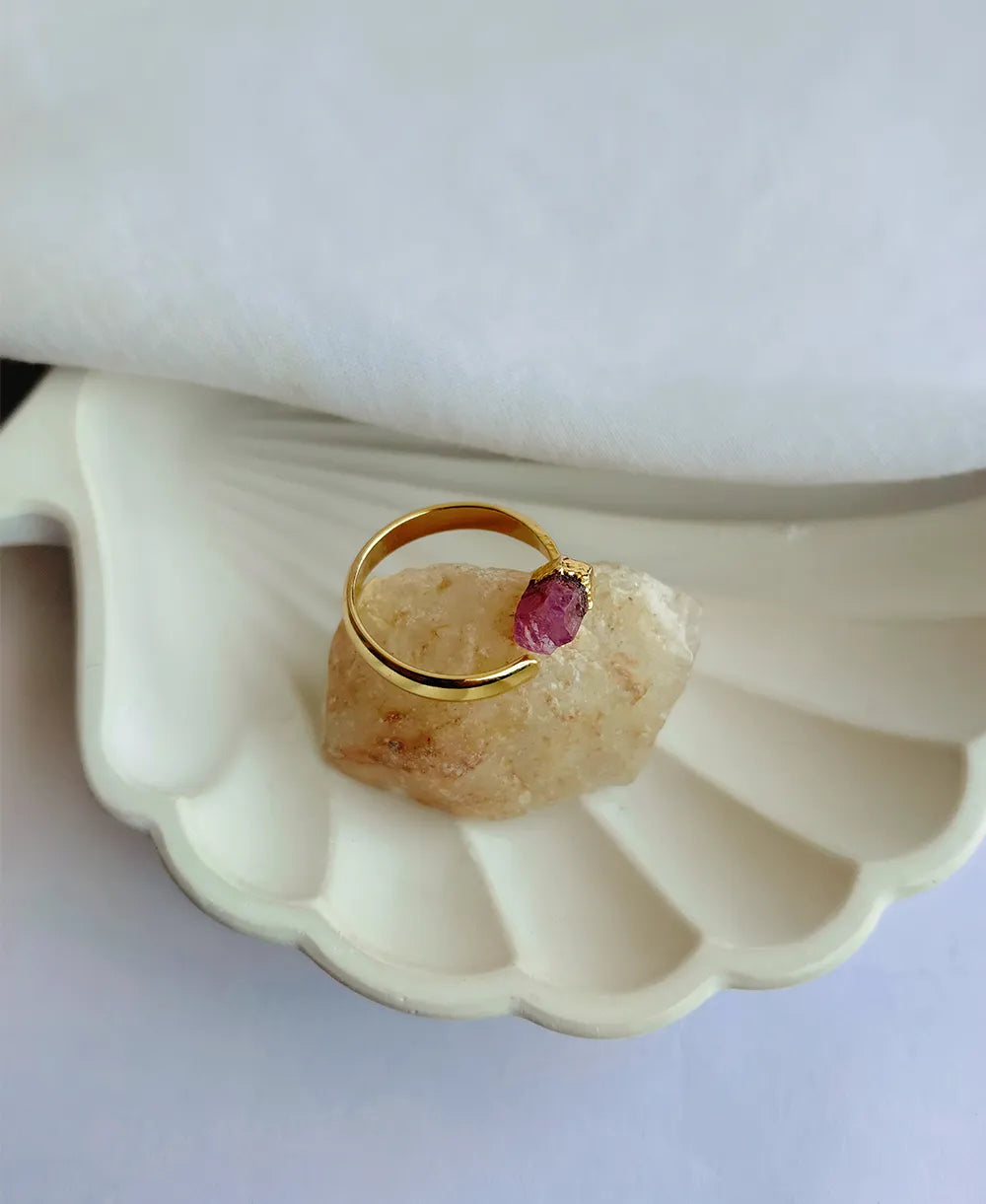 Amethyst Tiny Gem Ring with natural raw purple gemstone and 18K gold-plated adjustable band.
