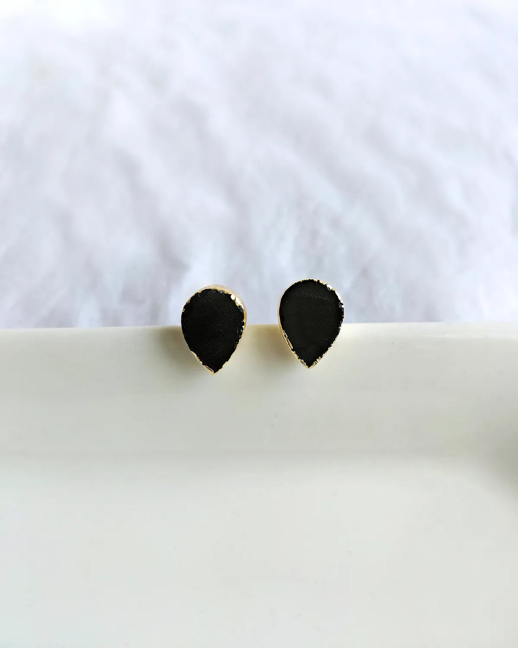 Black teardrop gold plated stud earrings view 3