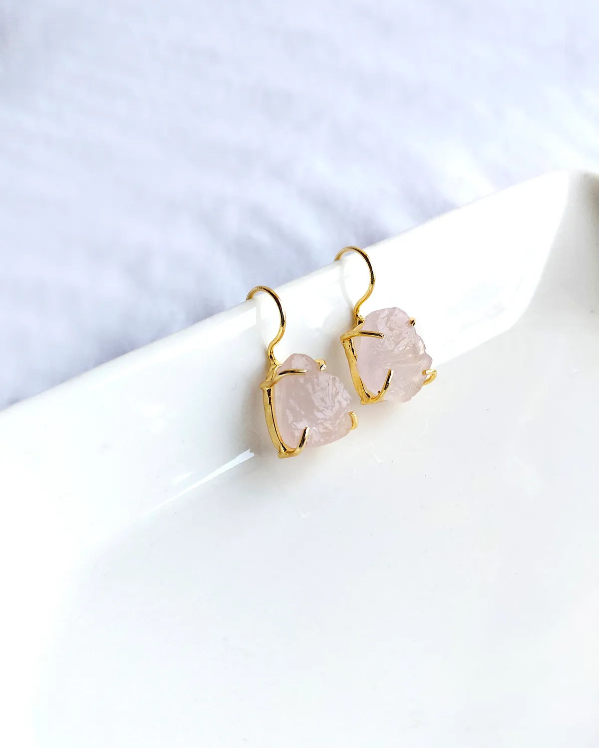 Raw rose quartz gold hook earrings