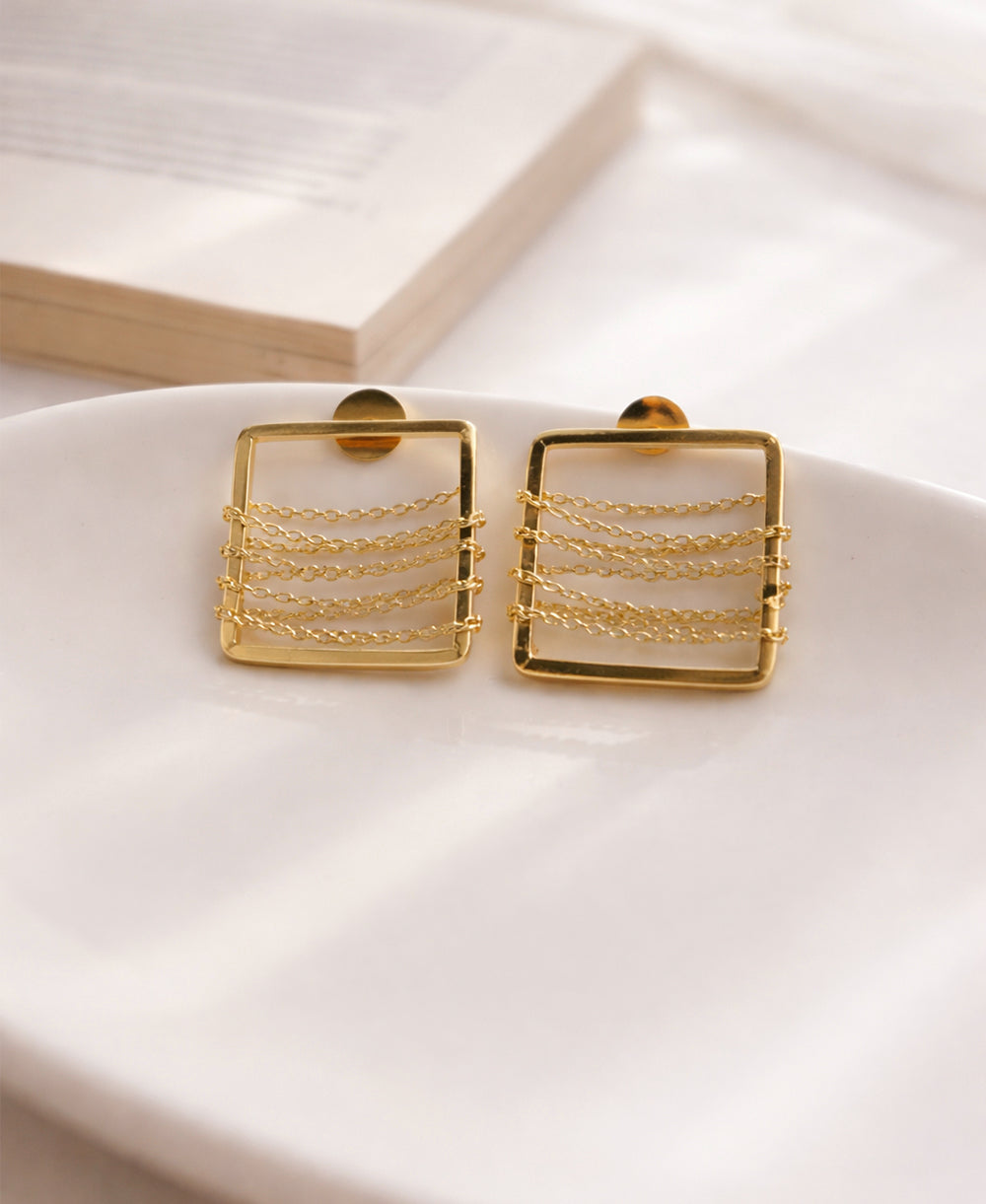 Gold Square Frame Chain Earrings
