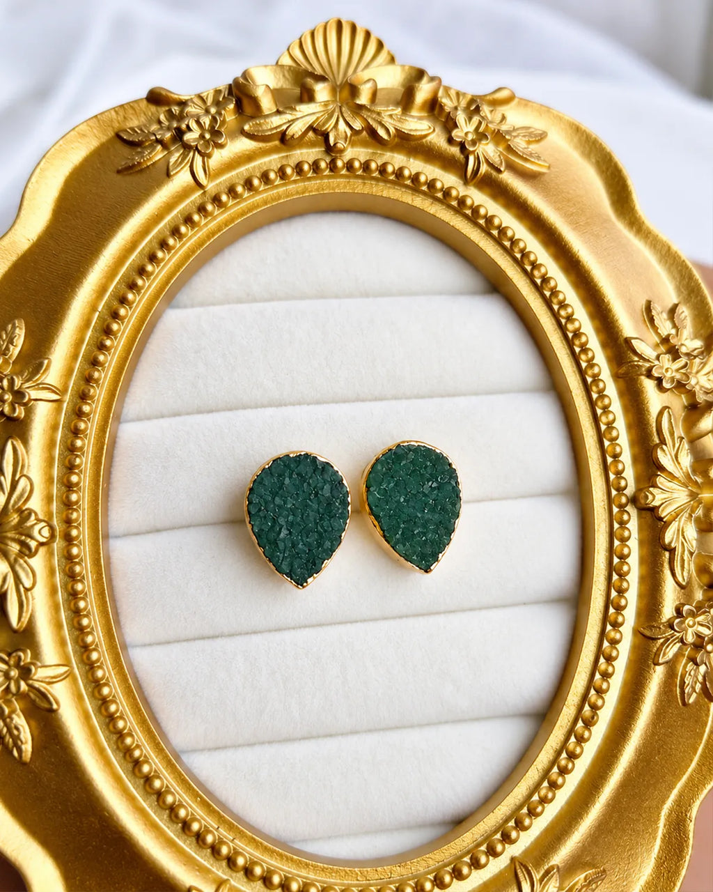 Emerald Green Raw Stone Gold Plated Stud Earrings