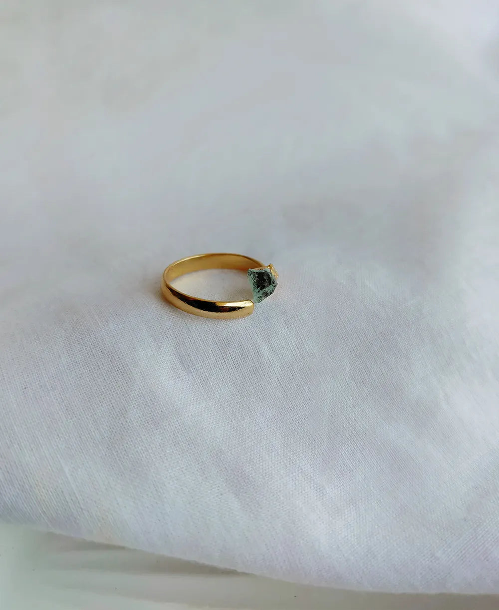 Sage Pebble Aventurine 18K Gold Plated Ring with small natural green gemstone and adjustable gold band.