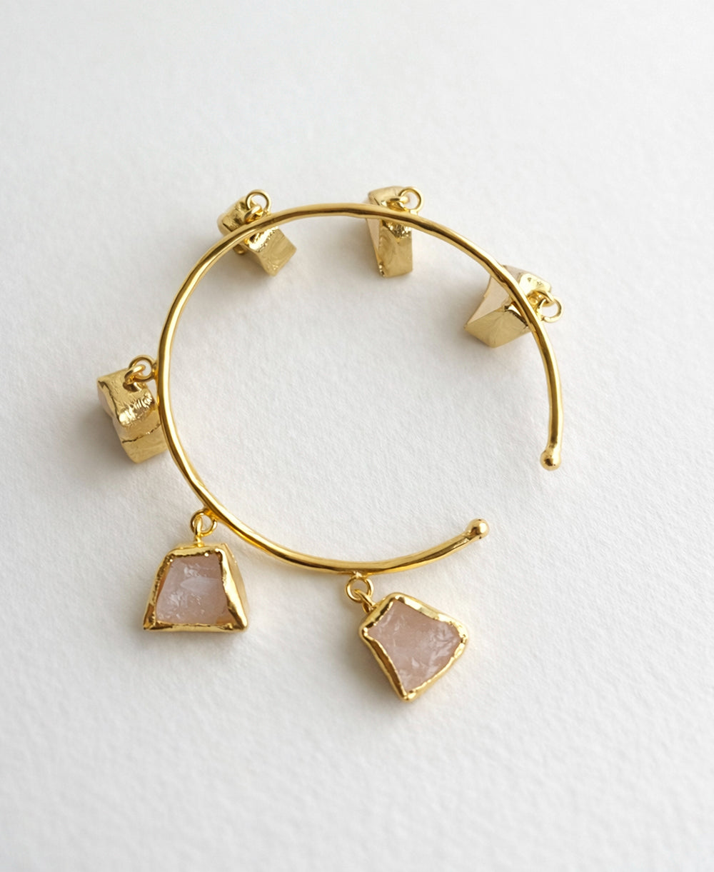 Rose Quartz Multi-Charm Gold Bangle Bracelet