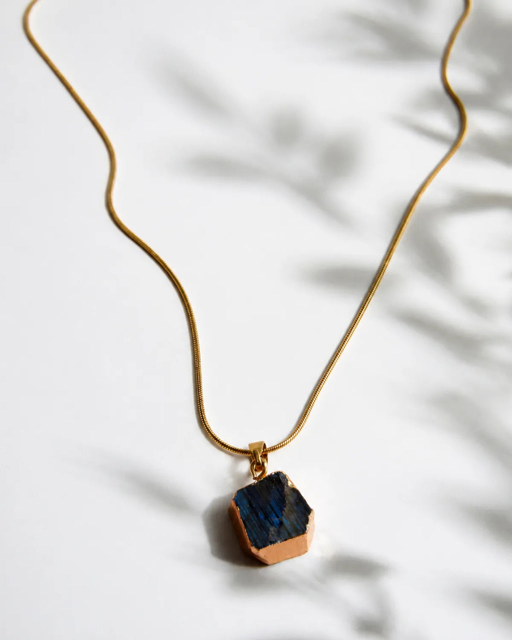 Raw labradorite gold pendant necklace front view