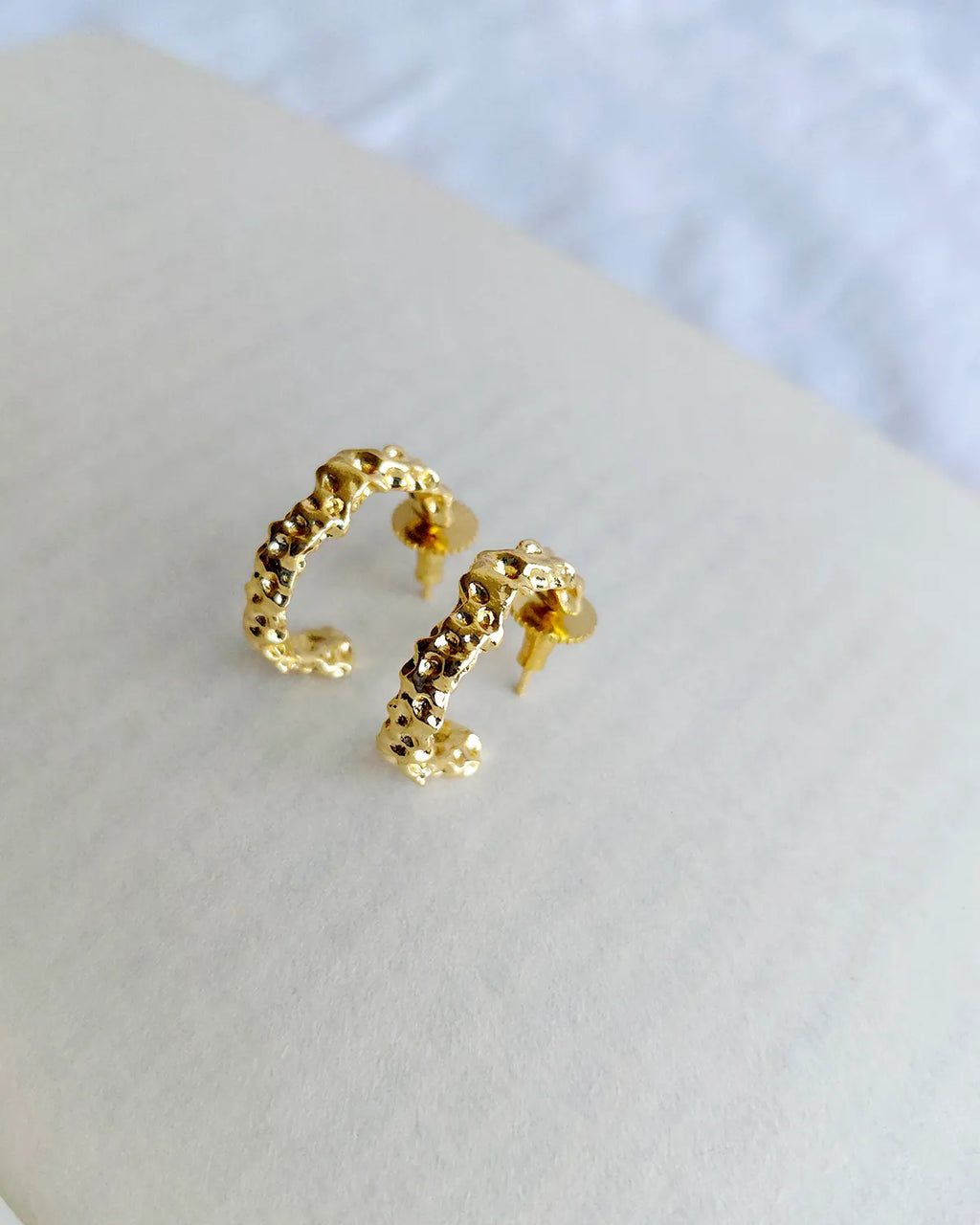18K gold plated textured organic semi hoop earrings - view 1