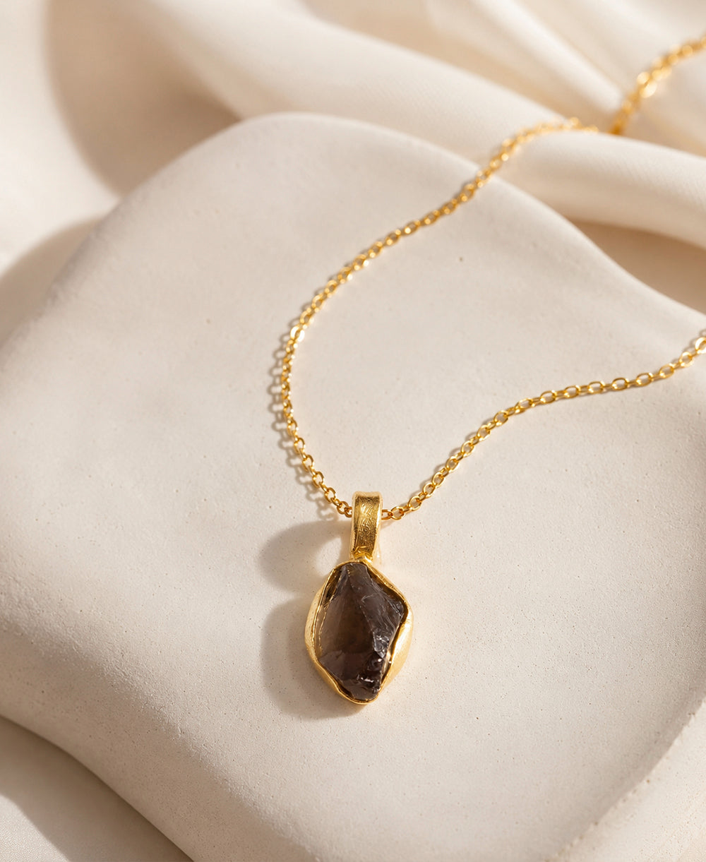 Black Tourmaline Gold Chain Necklace & Stud Earrings Set