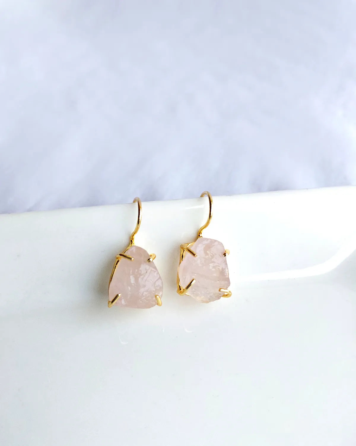 Raw rose quartz gold hook earrings