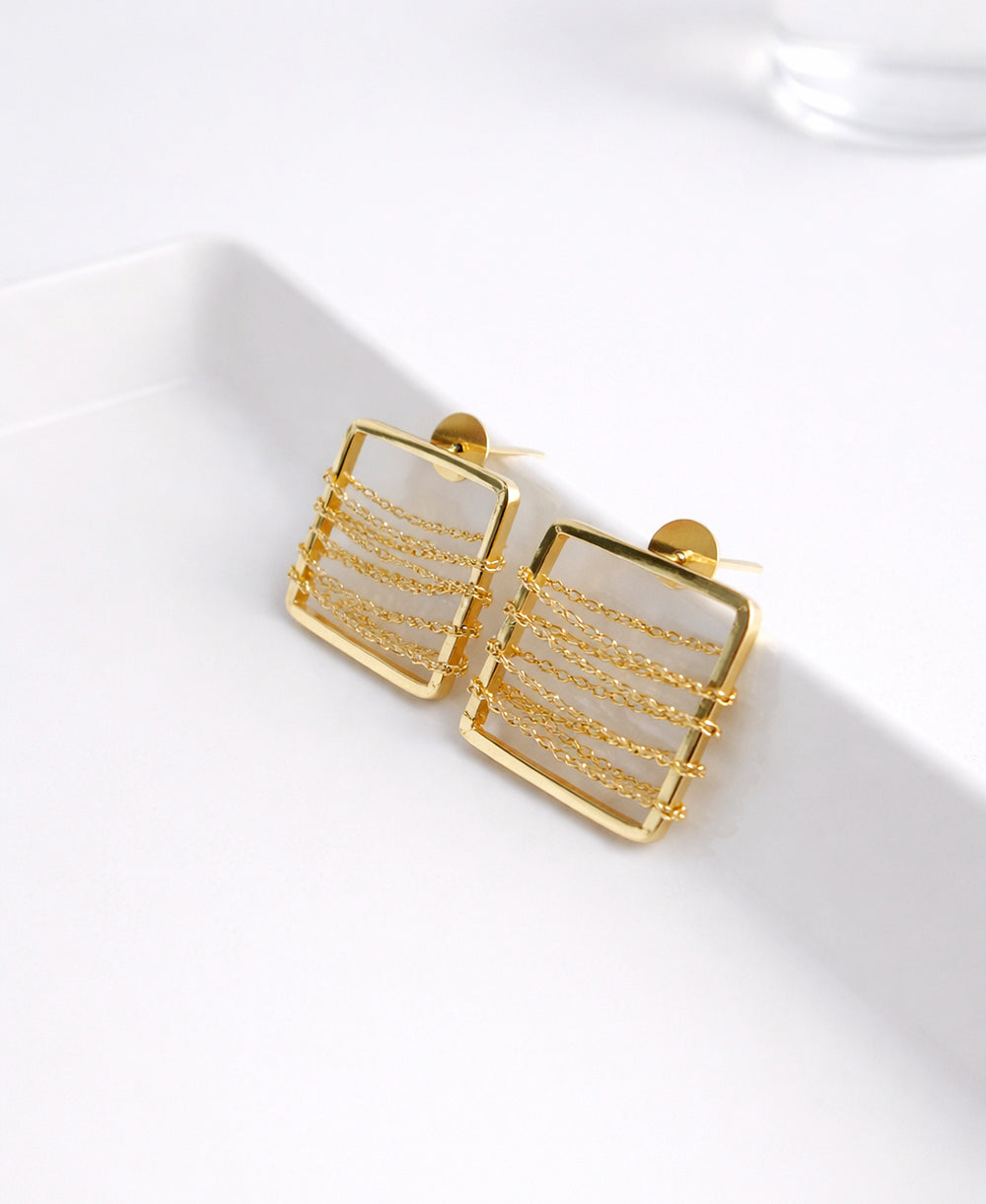 Gold Square Frame Chain Earrings