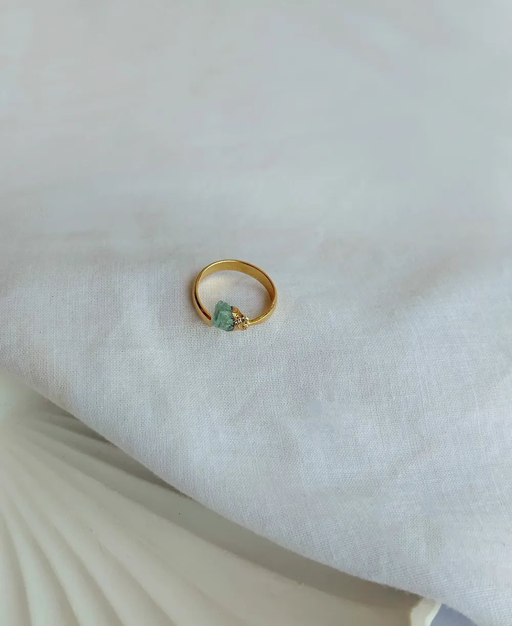 Sage Pebble Aventurine 18K Gold Plated Ring with small natural green gemstone and adjustable gold band.