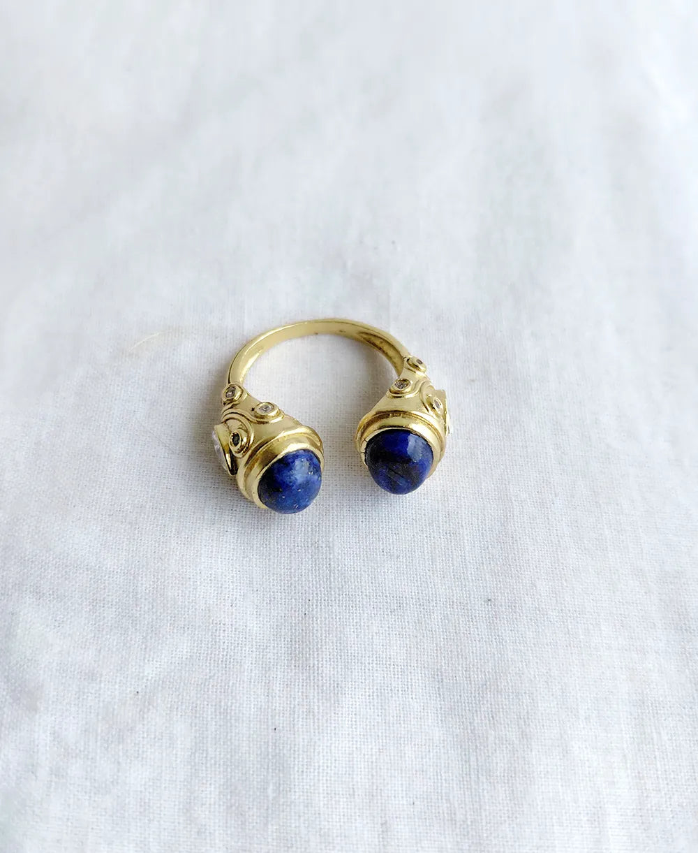 Royal blue double stone gold open ring front