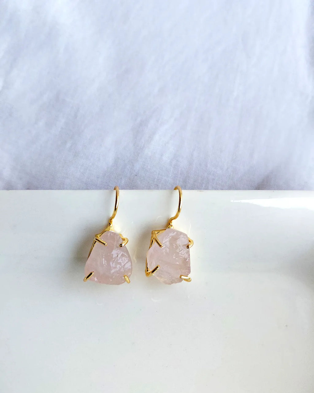 Raw rose quartz gold hook earrings