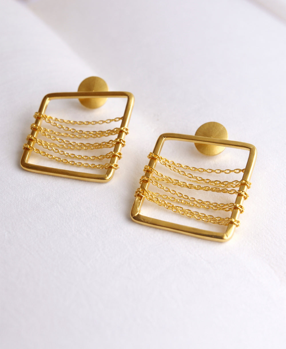 Gold Square Frame Chain Earrings
