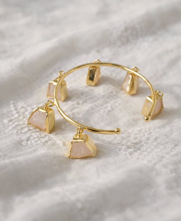 Rose Quartz Multi-Charm Gold Bangle Bracelet