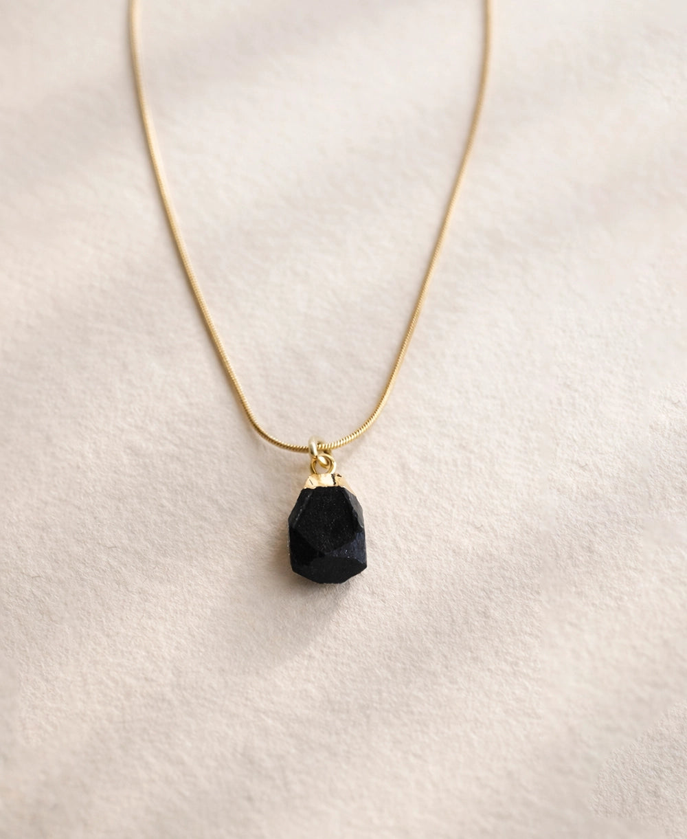 Black Onyx Raw Stone Gold Pendant Necklace