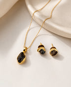 Black Tourmaline Gold Chain Necklace & Stud Earrings Set