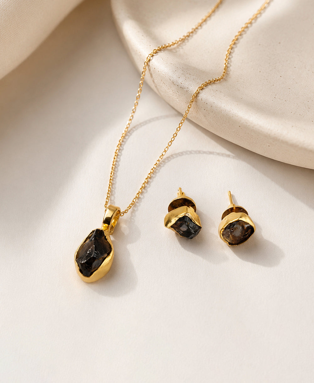Black Tourmaline Gold Chain Necklace & Stud Earrings Set