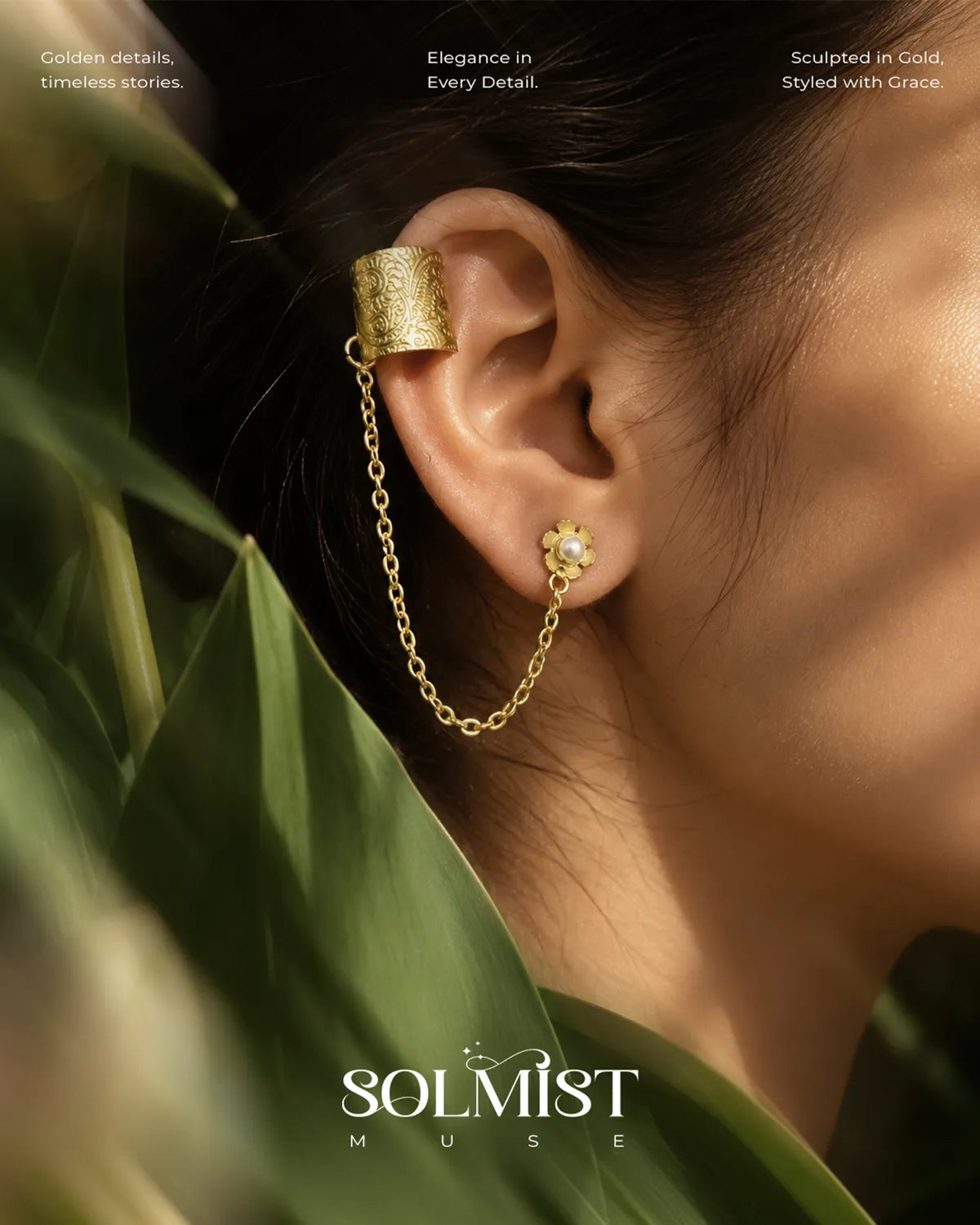 Solmist Muse engraved gold ear cuff chain earrings model styling