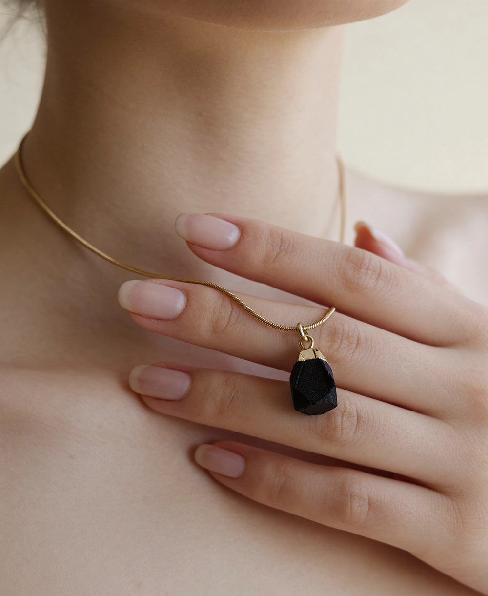 Black Onyx Raw Stone Gold Pendant Necklace