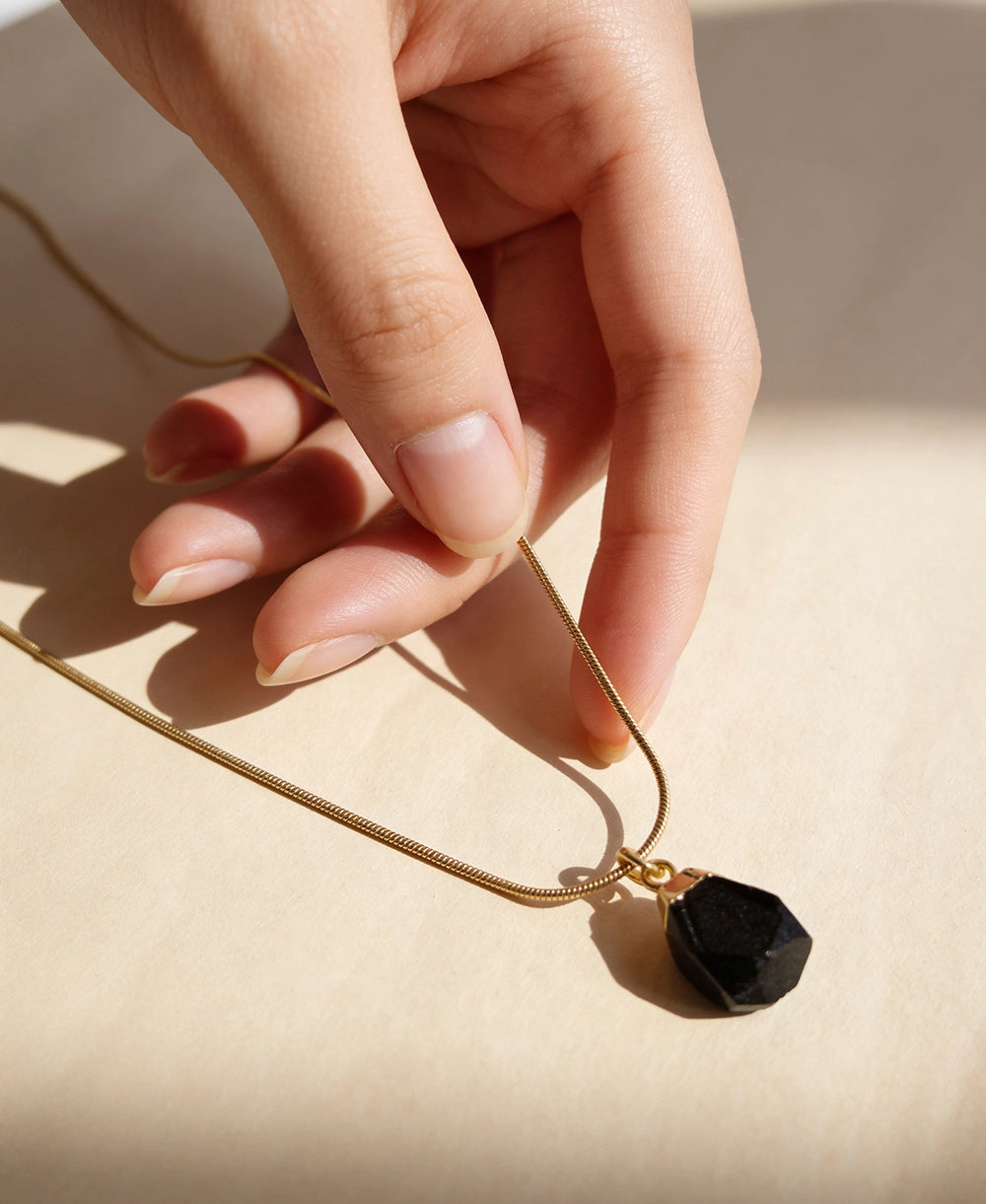 Black Onyx Raw Stone Gold Pendant Necklace