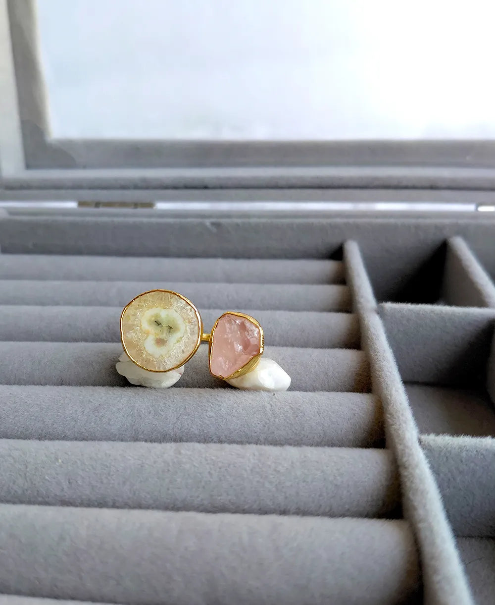 Solar Quartz & Rose Quartz Pearl Adjustable Ring