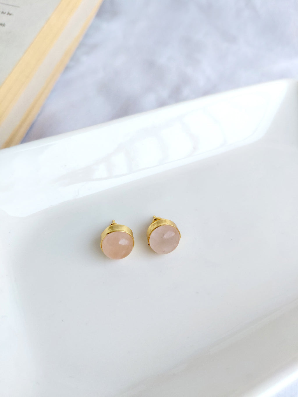 Rose Quartz Round Stud Earrings – Gold Plated