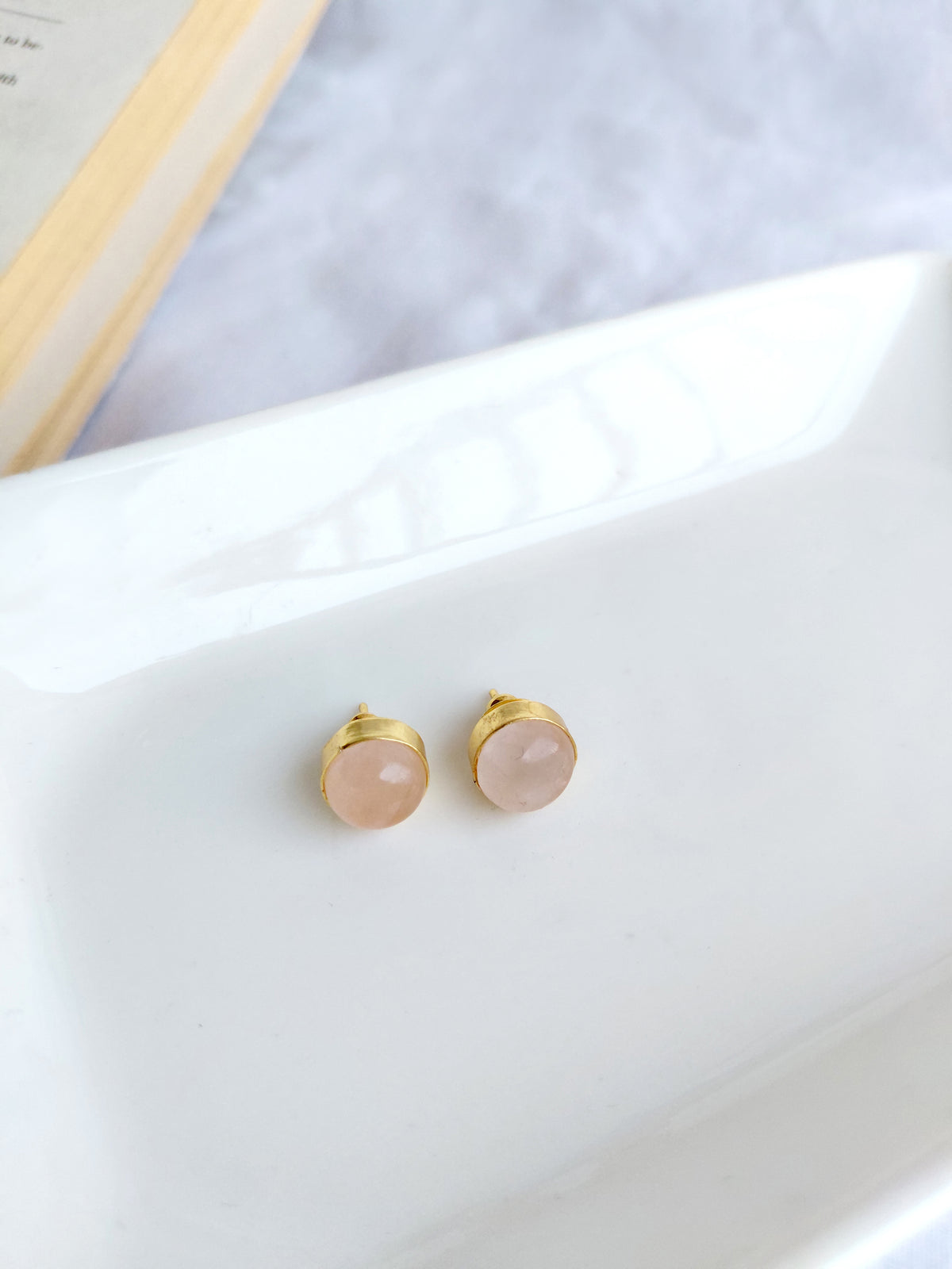 Rose Quartz Round Stud Earrings – Gold Plated
