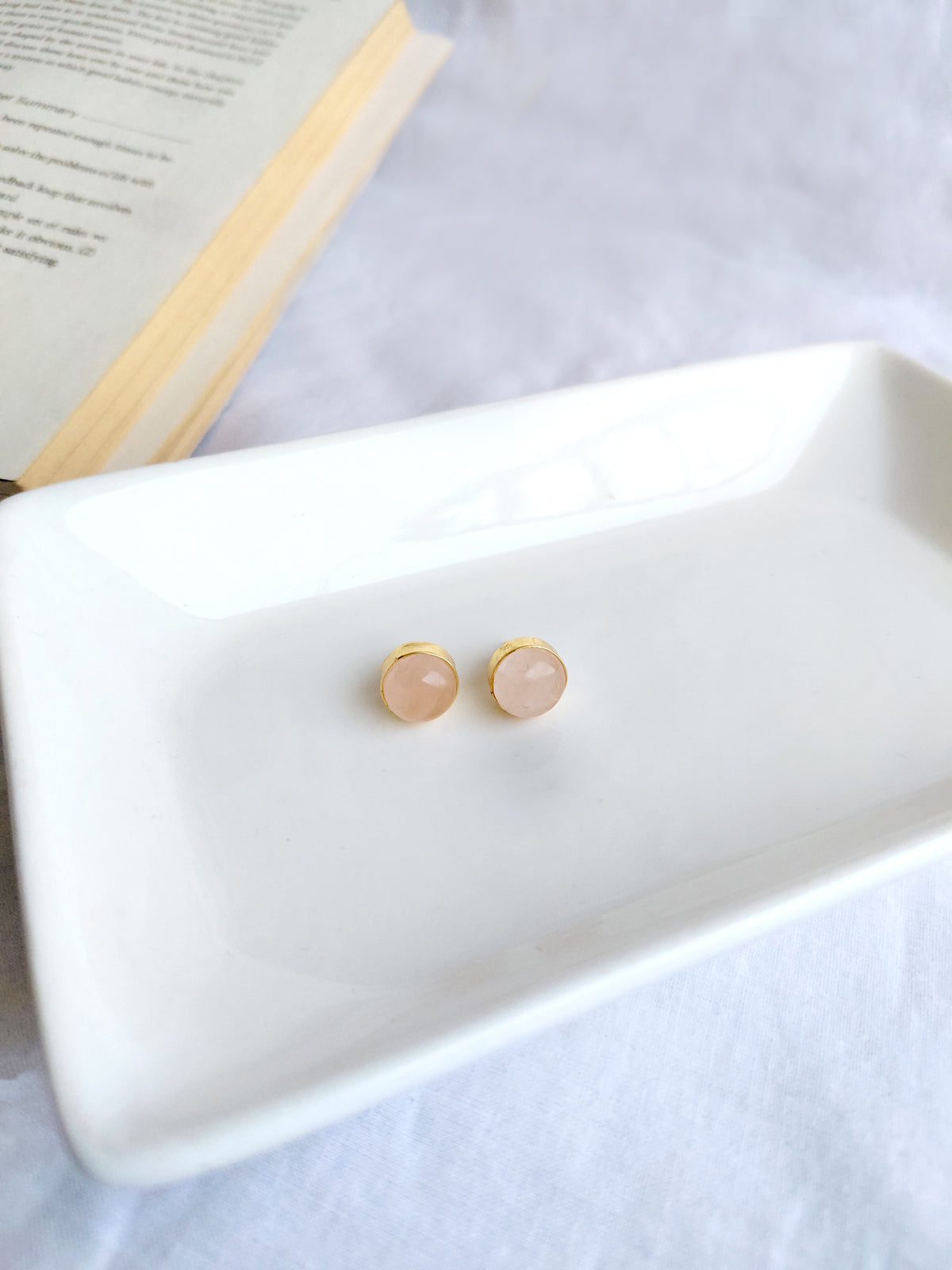 Rose Quartz Round Stud Earrings – Gold Plated
