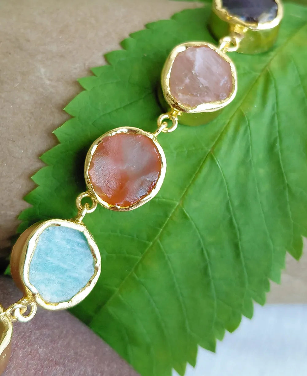Colourful natural gemstone link bracelet with gold-plated finish
