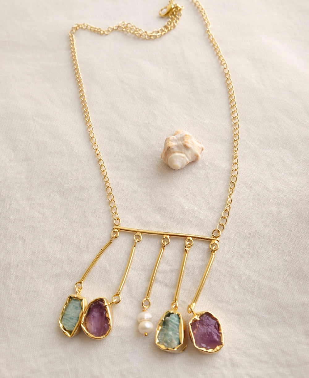Raw Multi-Stone Bar Fringe Necklace