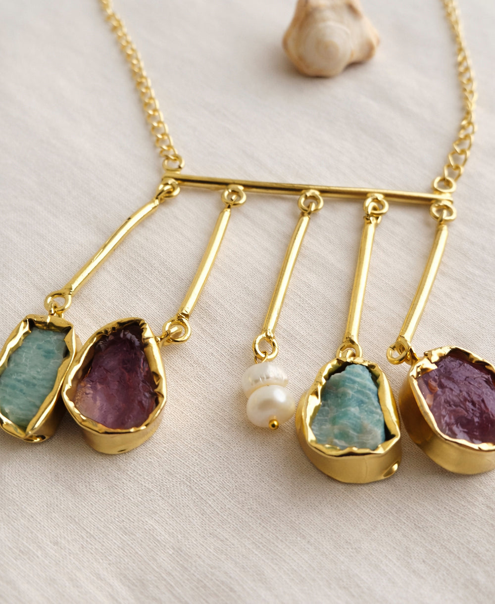 Raw Multi-Stone Bar Fringe Necklace