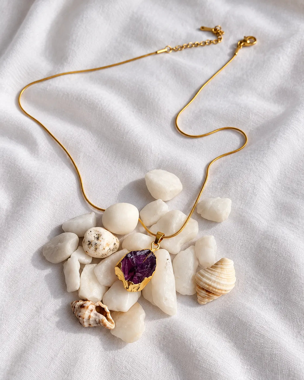 Natural amethyst pendant necklace styled with white stones