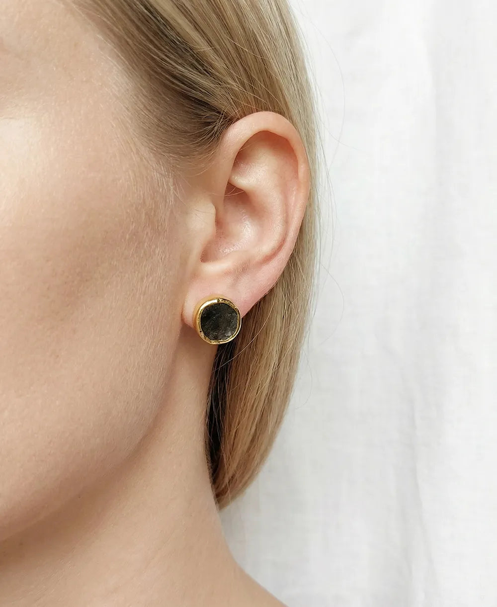 Raw Black Druzy Gold Stud Earrings