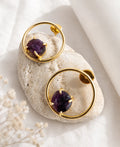 Raw Amethyst Gemstone Gold Circle Stud Earrings