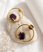 Raw Amethyst Gemstone Gold Circle Stud Earrings