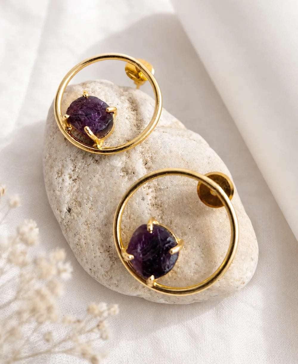 Raw Amethyst Gemstone Gold Circle Stud Earrings