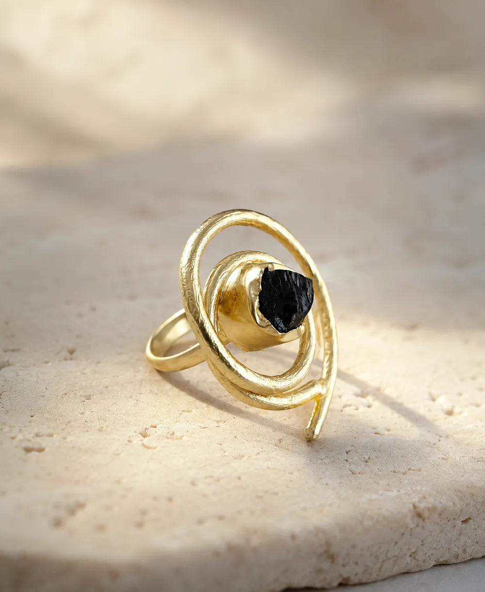 Adjustable Black Stone Gold Ring