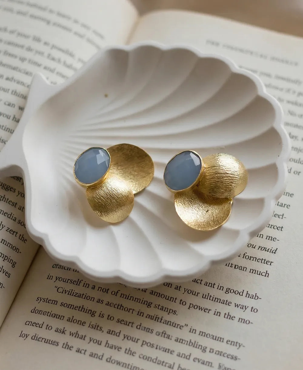 Blue Chalcedony Gold Petal Statement Earrings