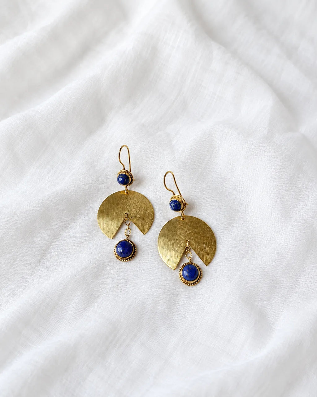 Brushed gold and lapis fan drop earrings