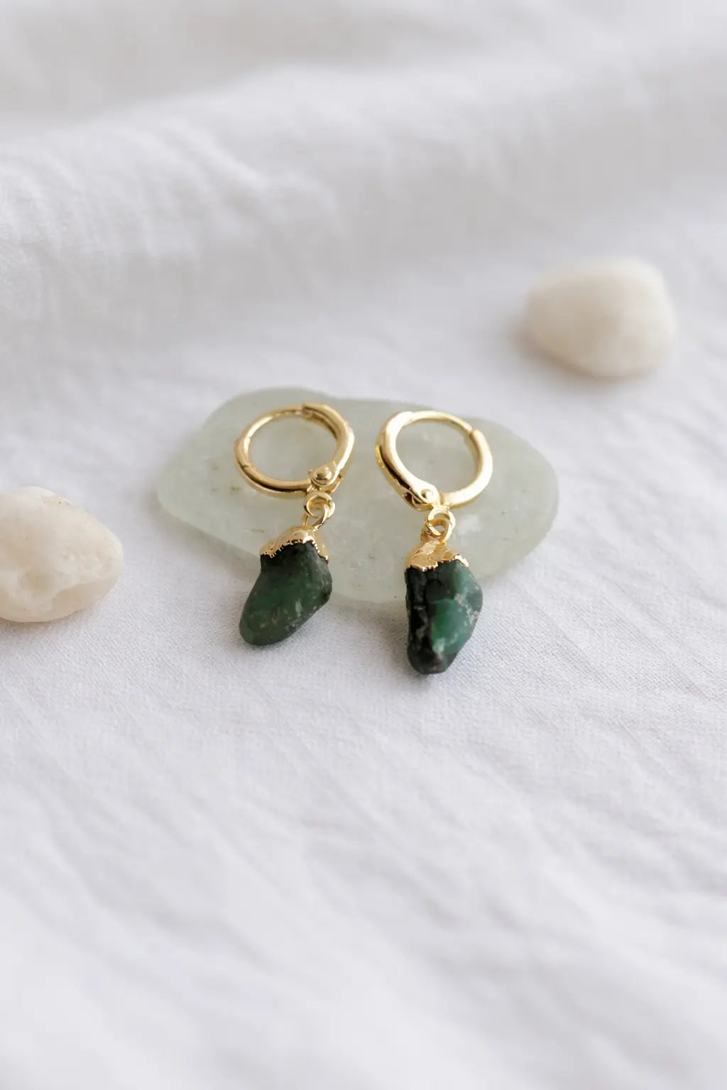 Emerald Raw Stone Huggie Earrings