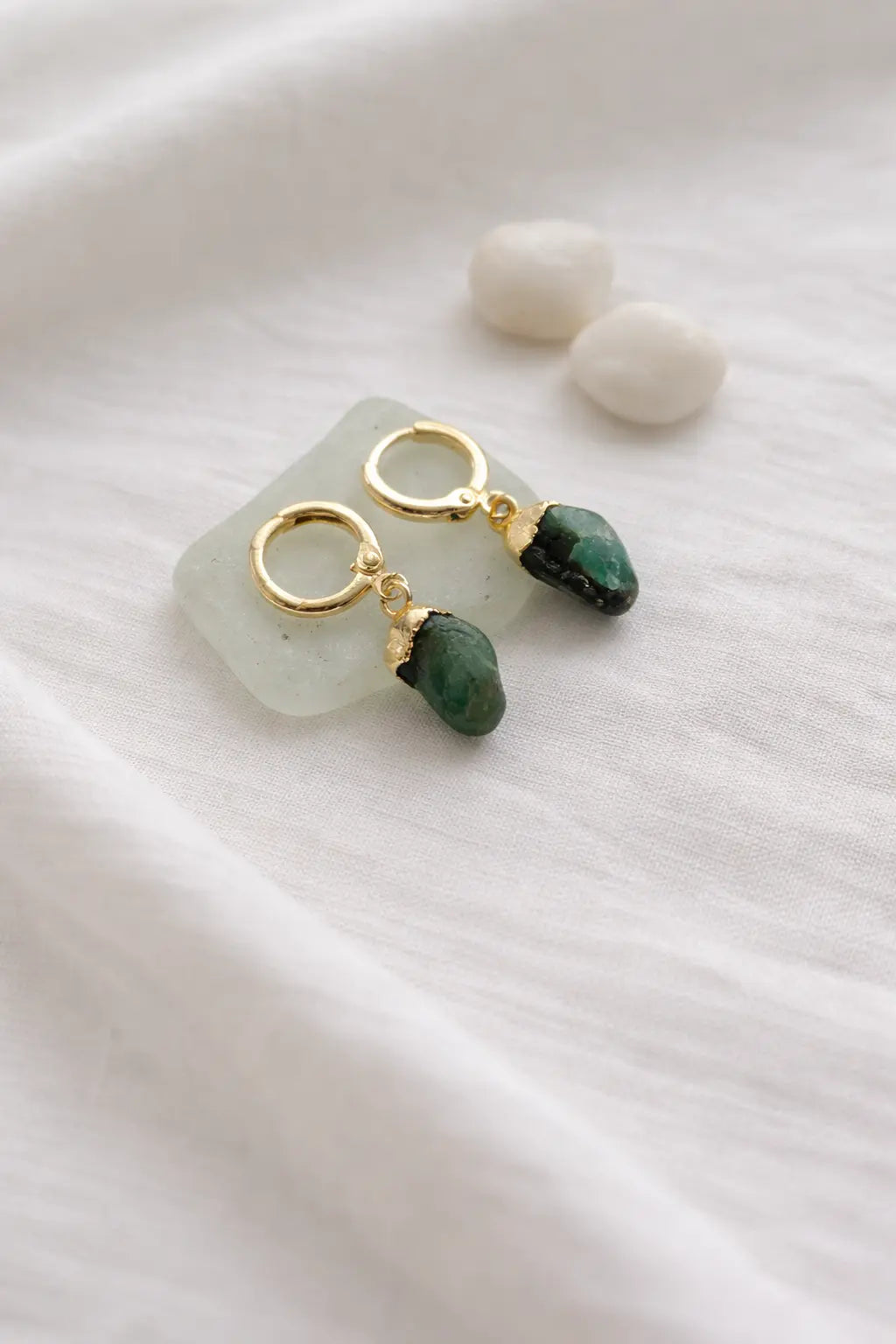 Emerald Raw Stone Huggie Earrings