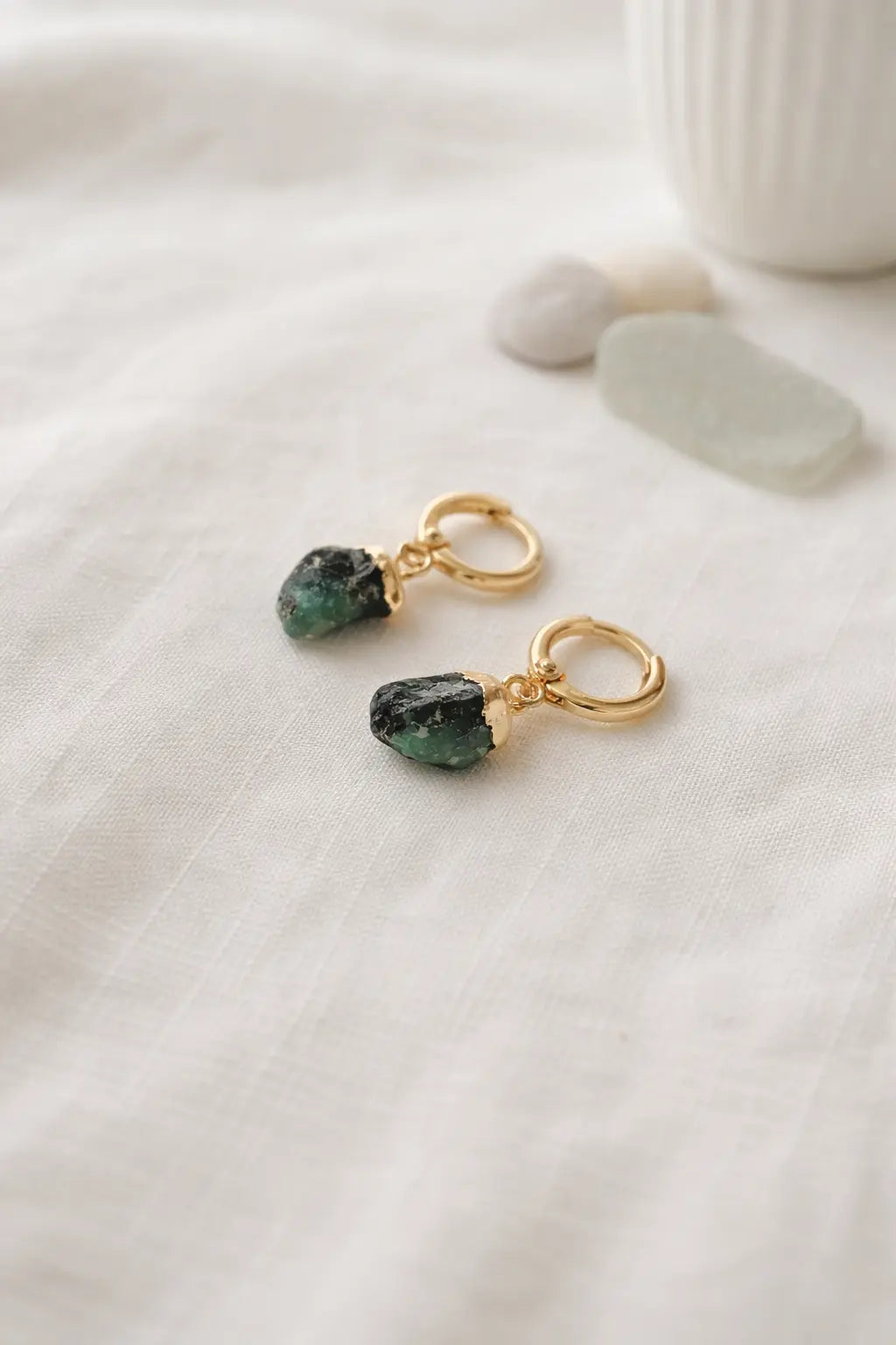 Emerald Raw Stone Huggie Earrings