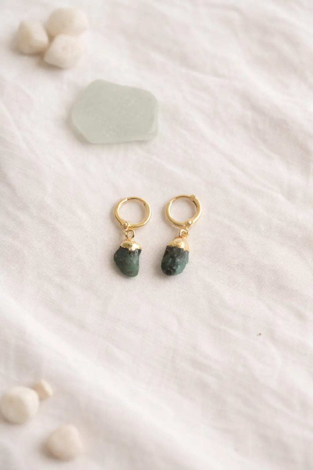 Emerald Raw Stone Huggie Earrings