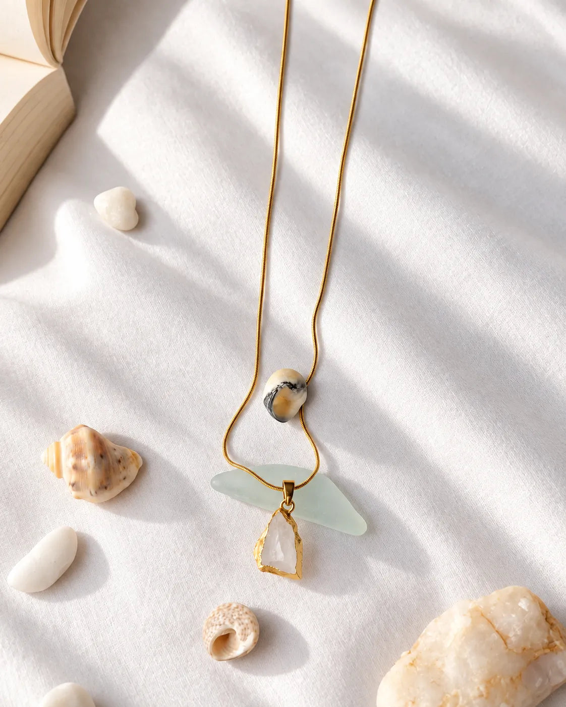 Raw clear quartz gold pendant necklace full view