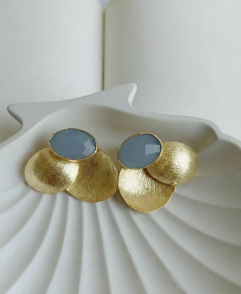 Blue Chalcedony Gold Petal Statement Earrings