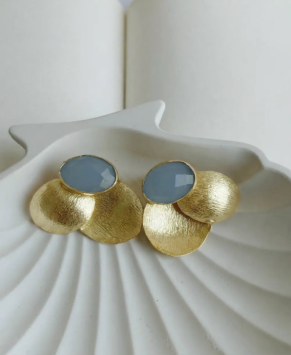 Blue Chalcedony Gold Petal Statement Earrings