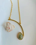 Meadow Drop Aventurine Necklace with natural green teardrop gemstone and curved 18K gold-plated pendant.